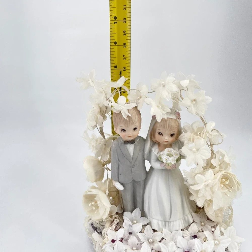 Vintage Wedding Cake Topper Porcelain Bride Groom Floral Arch Lace